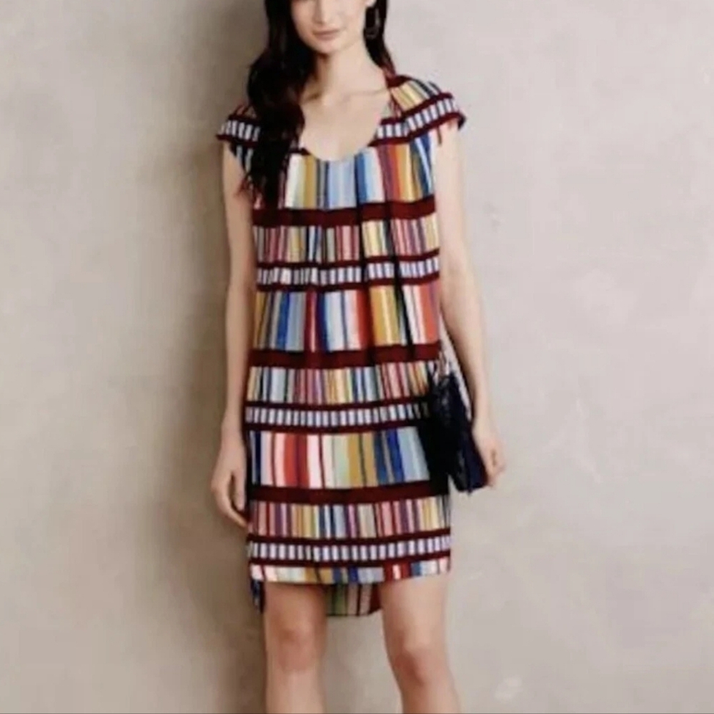 Maeve Multi-Stripe High-Low Dress with Burgundy Accents